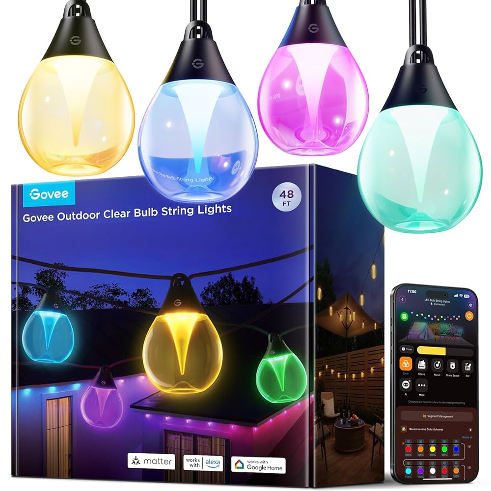 Govee Outdoor Clear Bulb String Lights, 48ft RGBWIC Outdoor